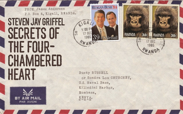 An envelope with "Secrets of the Four-Chambered Heart" and stamps from Rwanda and the US.