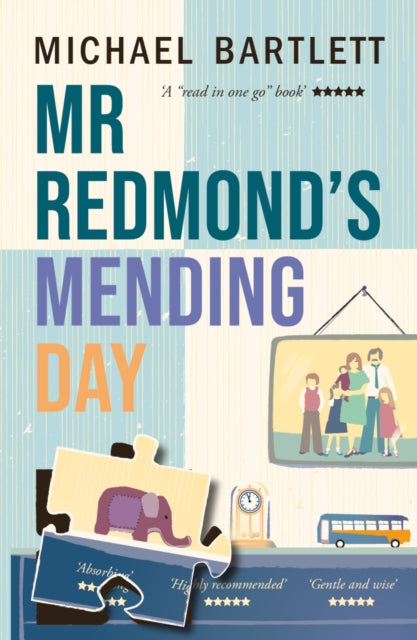 Mr Redmond's Mending Day book cover with family portrait and puzzle pieces.
