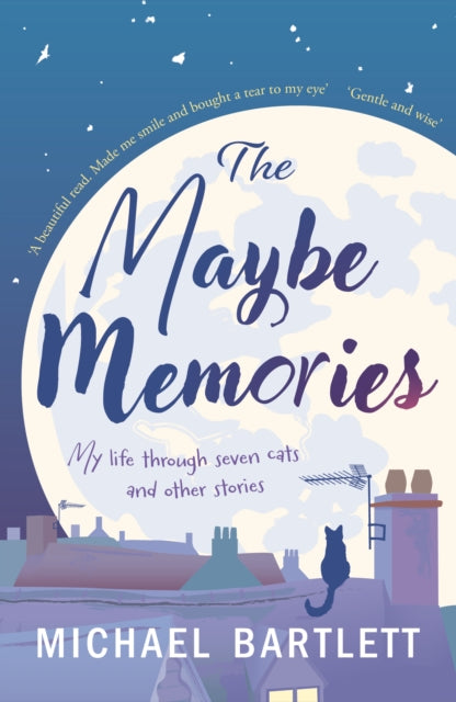 The Maybe Memories book cover features a moonlit sky over rooftops with a cat.