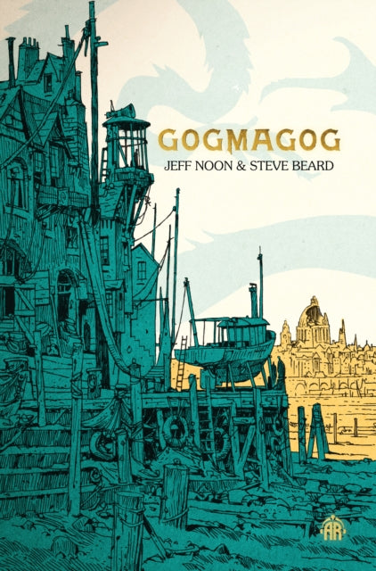 Gogmagog book cover with a teal and yellow illustration of a dockside city.
