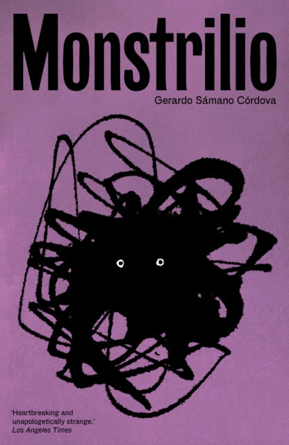 Monstrilio book cover with a black scribbled monster and white eyes.
