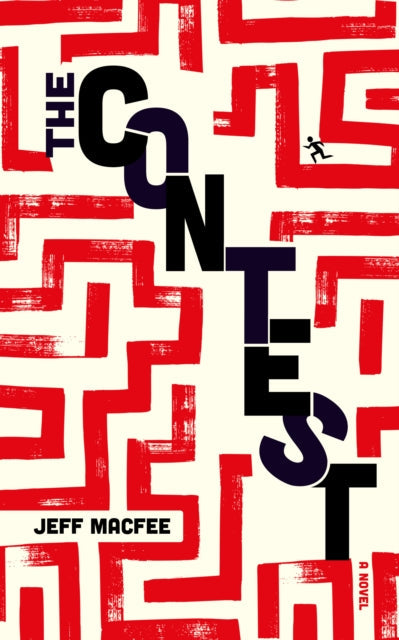 The Contest book cover with maze-like red lines and bold black and blue text.