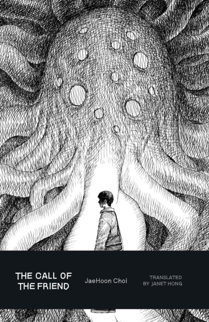 A black and white illustration of a person facing a giant creature with tentacles.