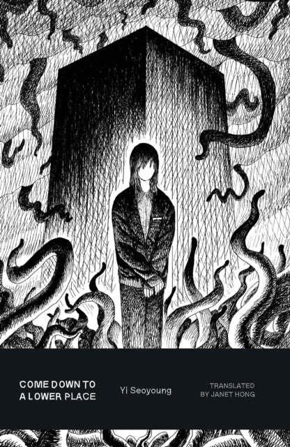 A person stands before a dark structure surrounded by tentacles.