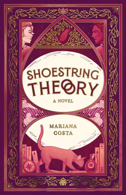 Book cover for Shoestring Theory by Mariana Costa, featuring a cat and ornate border.