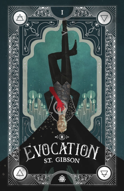 Book cover for Evocation, featuring an upside-down man with a red glove.