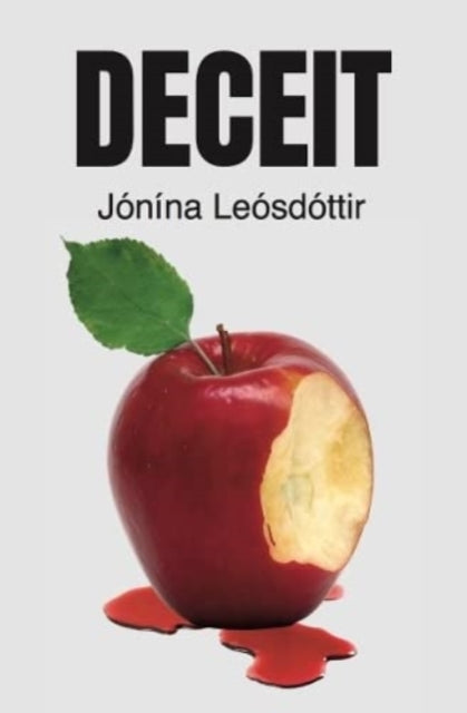 A book cover titled "Deceit" featuring a bitten apple with a leaf and red liquid.
