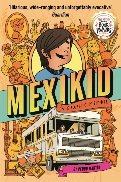 Mexikid: A Graphic Memoir book cover with illustrations of a boy, RV, and Mexican cultural elements.