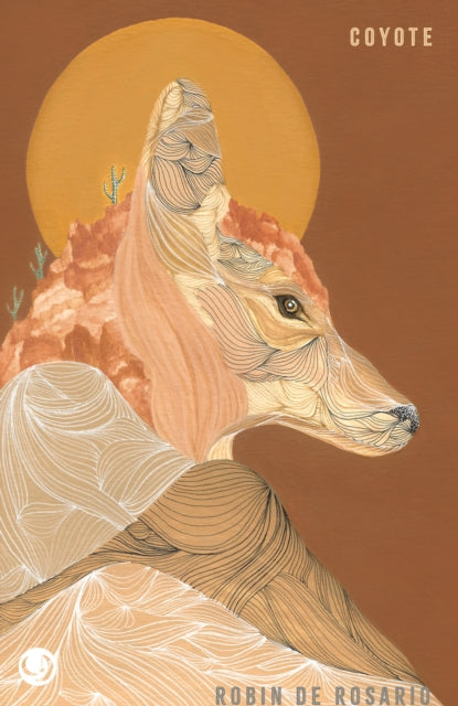 Illustration of a coyote in a desert landscape with a large sun and mountains.
