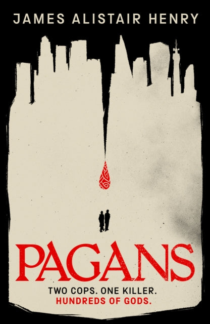 Book cover for "Pagans" by James Alistair Henry, featuring a stylized city skyline and two figures.