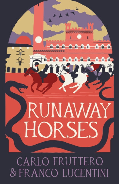 Book cover for Runaway Horses featuring horses, a snake, and buildings.