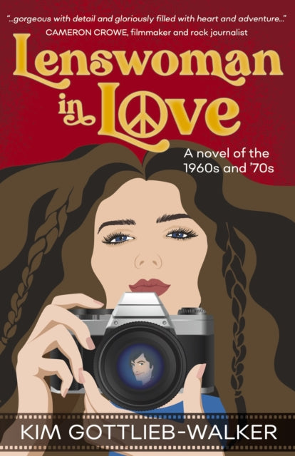 Book cover for "Lenswoman in Love" featuring a woman holding a camera with a peace sign.