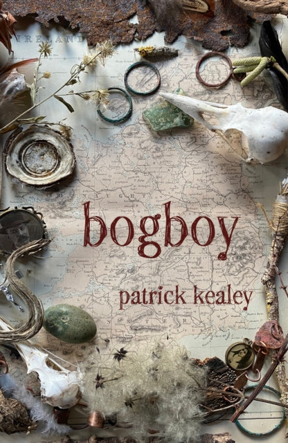 Bogboy by Patrick Kealey book cover with a map and natural objects.
