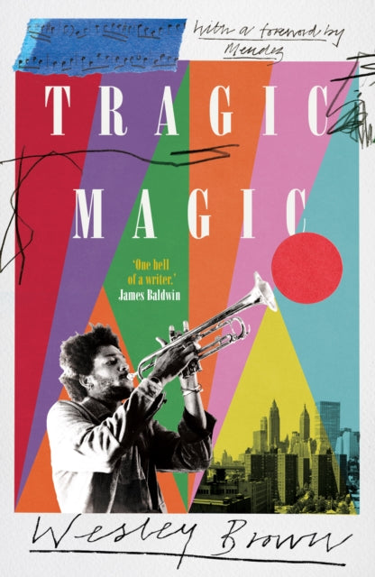Tragic Magic book cover with a trumpet player and city skyline.
