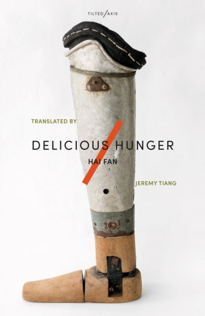 A book cover titled Delicious Hunger features a prosthetic leg.