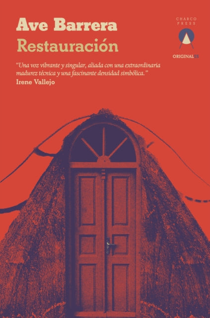 Restauración book cover with a red background and a stylized door.