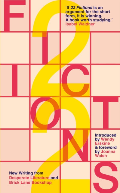 Book cover for 22 Fictions featuring large yellow numbers and pink text.