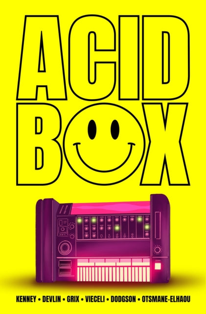 Acid Box album cover with smiley face and music equipment.