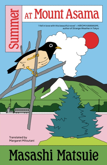 Summer at Mount Asama book cover with a bird on a branch and a volcano.