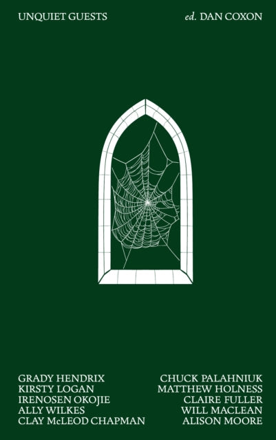 Unquiet Guests book cover with a spiderweb in a gothic window.