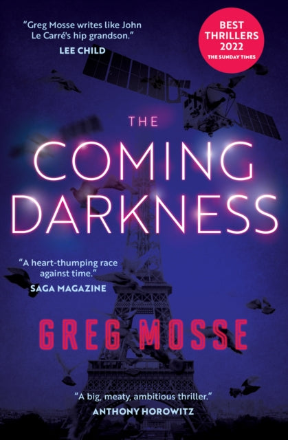 The Coming Darkness book cover featuring the Eiffel Tower and a satellite.