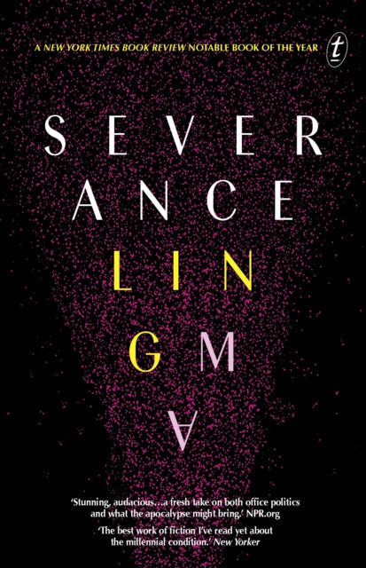 Severance book cover with scattered pink and yellow text on a black background.