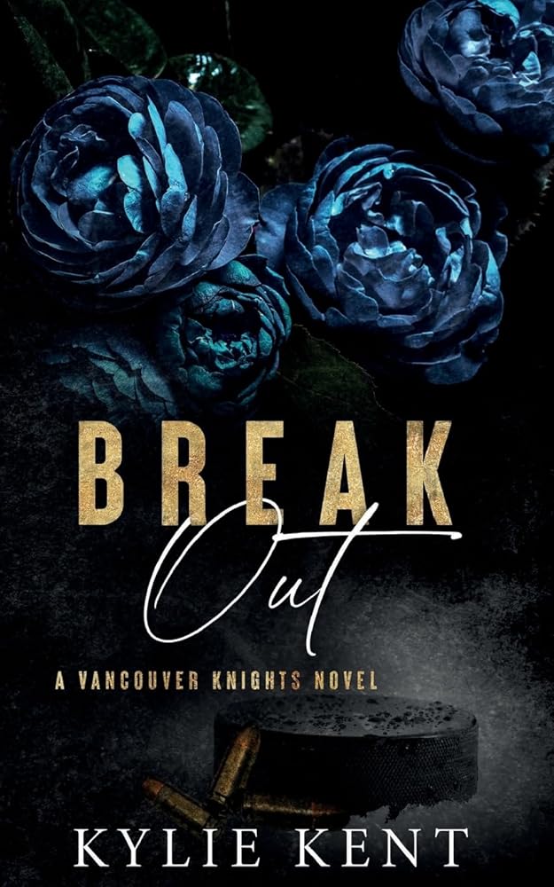 Book cover for "Break Out" featuring dark blue roses and hockey puck.