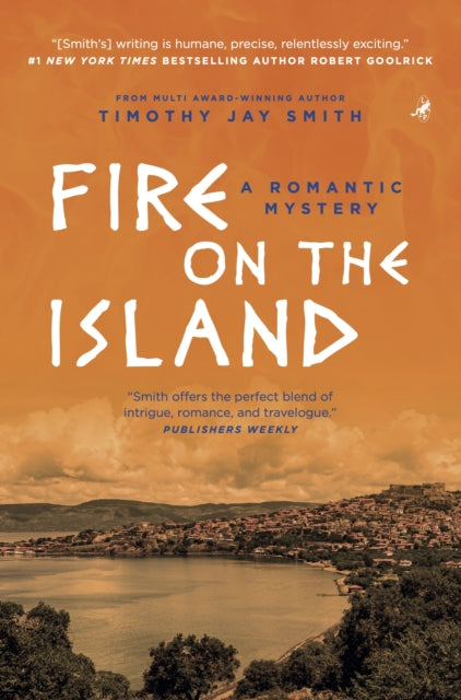 Fire on the Island: A Romantic Mystery book cover with a coastal town.