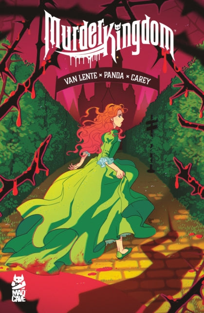 Murder Kingdom comic cover featuring a woman in a green dress running through a bloody garden.
