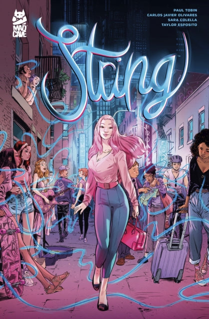 A comic book cover titled "String" features a young woman with pink hair walking down a city street.