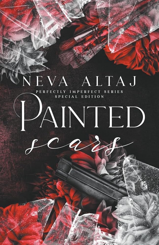 Book cover for "Painted Scars" with broken glass, flowers, and a gun.