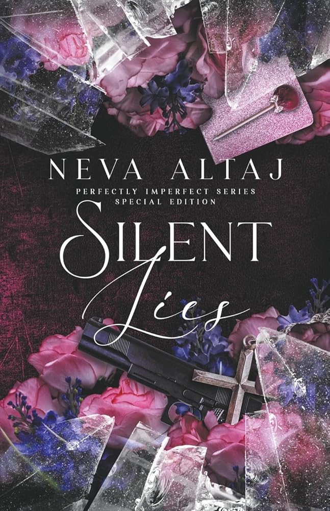 Book cover for Silent Lies, featuring a gun, flowers, and broken glass.