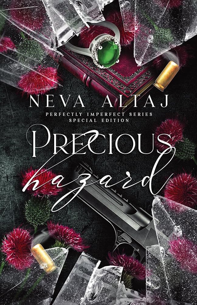 Book cover for Precious Hazard Special Edition with a ring, gun, and broken glass.