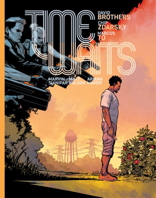 Comic book cover titled "Time Waits" featuring characters with guns and a man in a field.