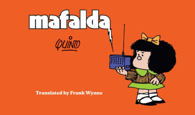 Mafalda book cover with the character holding a radio.