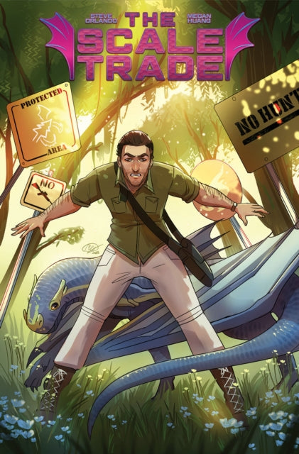 A man stands with a dragon in a forest with signs.