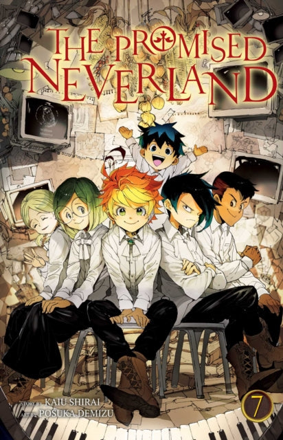 The Promised Neverland, Vol. 7 manga cover features six children in white shirts and black pants.