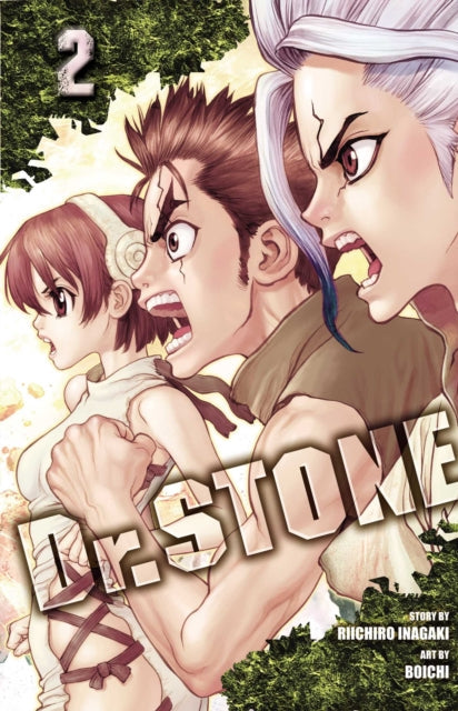 Dr. STONE Vol. 2 manga cover featuring Senku, Taiju, and Yuzuriha.