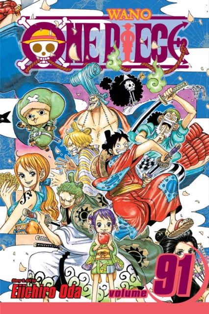 One Piece, Vol. 91 manga cover featuring the Straw Hat Pirates in Wano Country attire.