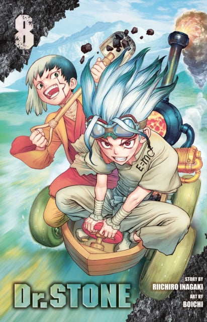 Dr. STONE, Vol. 8 manga cover featuring two boys on a vehicle.