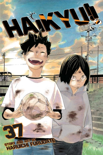 Haikyu!! Vol. 37 manga cover featuring two dirty characters holding a volleyball.