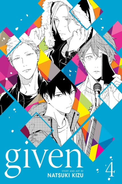 Given, Vol. 4 manga cover featuring four male characters and colorful geometric shapes.