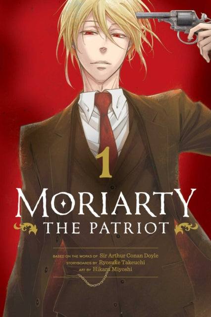 Moriarty the Patriot, Vol. 1 manga cover featuring a man with blond hair and red eyes holding a gun.