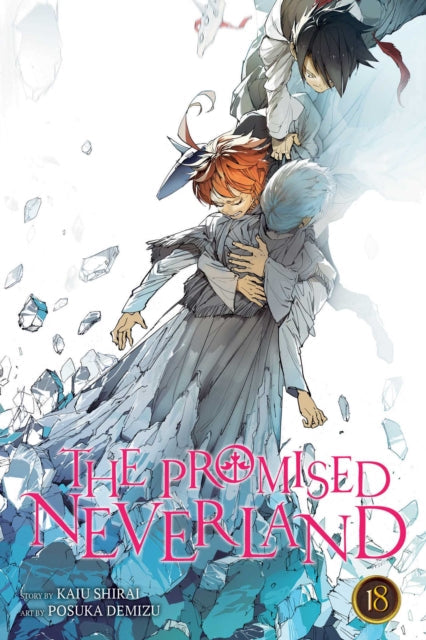 The Promised Neverland, Vol. 18 manga cover features three children on a rocky, icy surface.