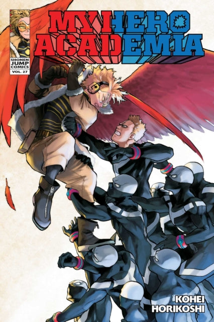 My Hero Academia, Vol. 27 cover art features Hawks fighting villains.