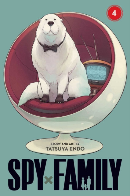 Spy x Family Vol 4 cover art features a white dog in a chair with a TV.