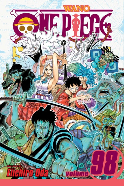 One Piece, Vol. 98 manga cover featuring multiple characters in a dynamic battle scene.