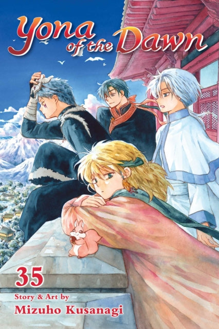 Yona of the Dawn, Vol. 35 manga cover featuring four characters and a mountain landscape.
