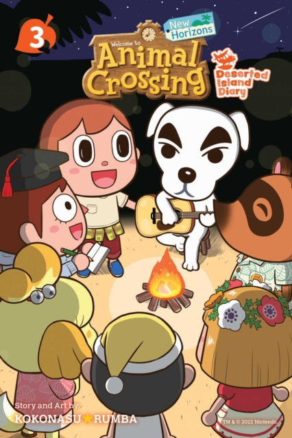 Animal Crossing New Horizons Vol 3 manga cover with characters around a campfire.