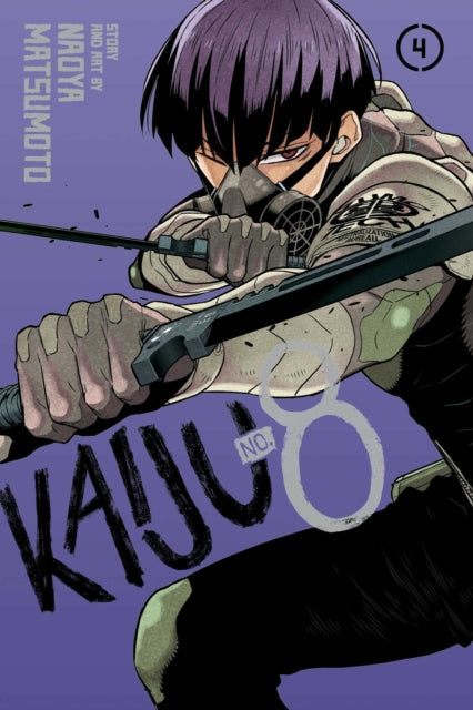 Kaiju No. 8, Vol. 4 manga cover featuring a character in a gas mask holding weapons.